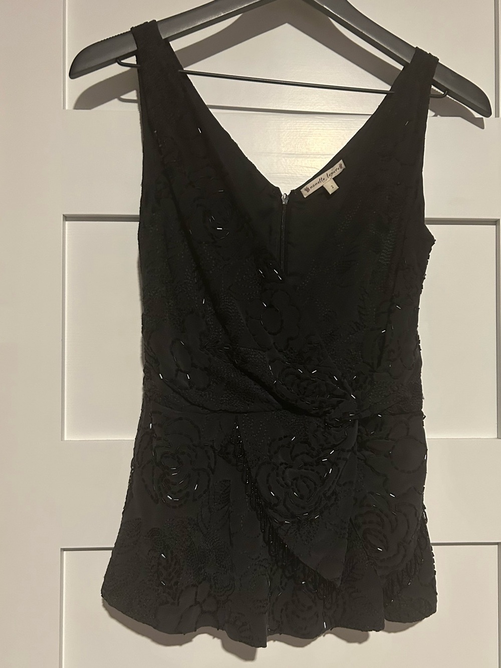 Stunning Nanette Lepore Beaded/Embroidered Peplum Black Silk Sleeveless Top Sz 2